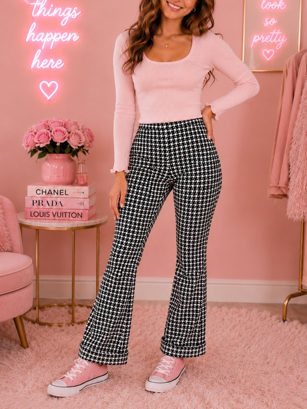 CHARLOTTE RUSSE Black White Houndstooth Flare cuff pants size small
